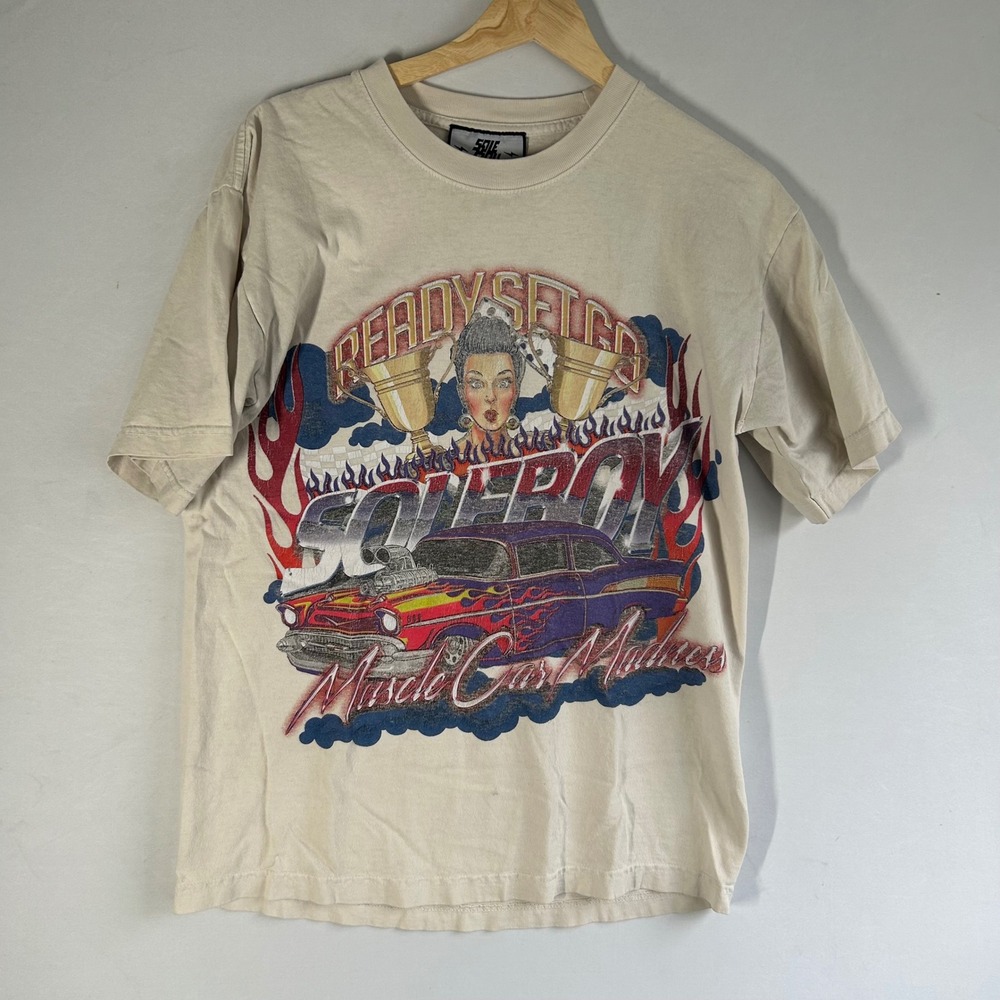 Sole Boy Mens Muscle Car Madness Graphic T-Shirt Cream Small‎ Ready Set Go Car